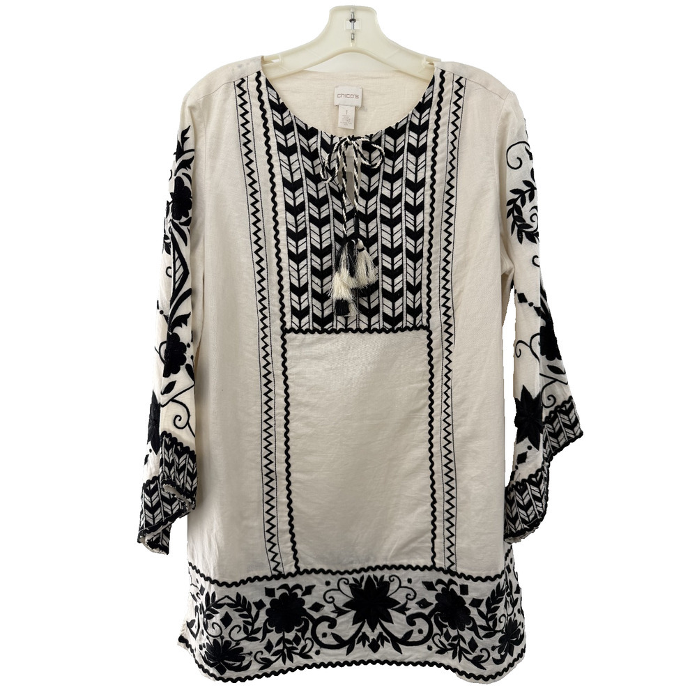 Chico’s Ivory Embroidered Tunic Top Black Detail V-Neck Tassel Tie NWT Size (1)